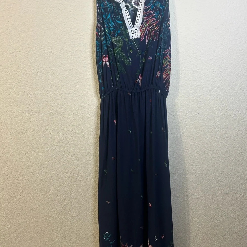 Seven Islands Faux Embroided Sleeveless Floral Navy Maxi Dress tie Front Flowy S